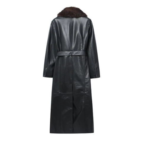 Women Long PU Leather Coat With Detachable Faux Fur Collar Solid Color Fashion Tie Waist Belt Outwear