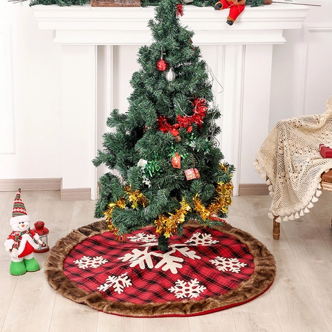 Gonna Per Albero Di Natale A Quadri Rossi E Neri Con Fiocchi Di Neve Bianchi Bordo In Pelliccia Sintetica