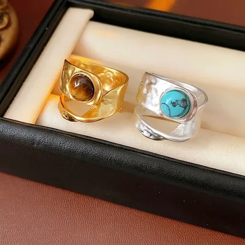 Vintage Copper Ring Round Tiger Eye Stone Handmade Hammered Texture Adjustable Open Band Retro Jewelry For Women