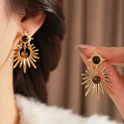 Starburst Dangle Earrings With Tiger Eye Stone Zircon Inlaid Copper Base And Silver Earring Post Vintage For Women