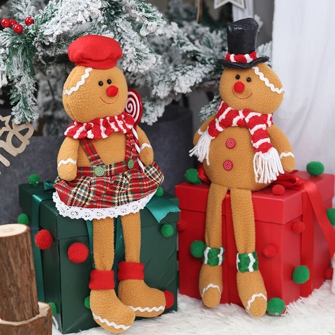 Christmas Gingerbread Man Couple Plush Dolls Festive Polyester Fabric Ornaments Long Leg Window Desktop Holiday Decoration