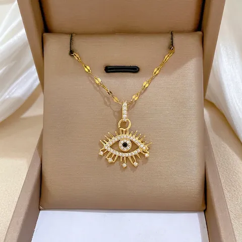 Evil Eye Pendant Necklace Gold Plated Titanium Steel Copper Cubic Zirconia Micro Pave Jewelry For Women Chic Gift