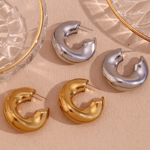 Chunky Hoop Earrings Stainless Steel 18K Gold Plated C Shaped Geometric Minimalist Waterproof Hypoallergenic Jewelry For Women