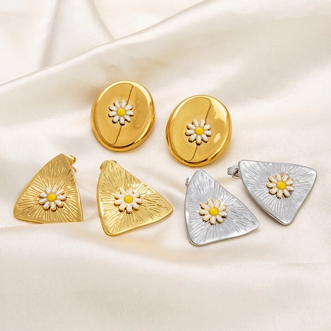 Minimalist Stainless Steel Daisy Stud Earrings For Women Gold Silver Plated Enamel Geometric Triangle Oval Floral Jewelry Gift