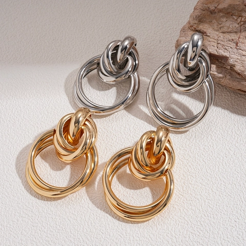 Geometric Multi Layer Knot Round Earrings With 925 Sterling Silver Earring Post Glossy Metal Jewelry For Women
