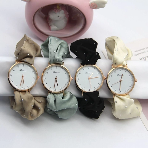 Orologio Scrunchie Da Donna Alla Moda Cassa Lega Quadrante Rotondo Quarzo Elastico Cinturino Raso Tessuto Con Strass Elegante