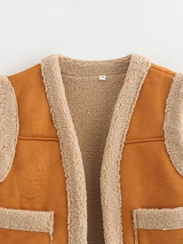 Women Retro Faux Suede Lamb Wool Vest Sleeveless V Neck Sherpa Trim Open Front Brown Waistcoat Outerwear With Pockets