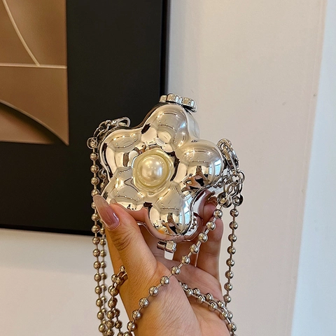 Mini Borsa A Tracolla Forma Fiore Stella Acrilico Perla Artificial Catena A Sfere Metallo Specchio Pochette Rossetto Donna Elegante
