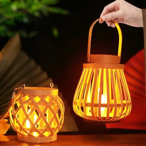 Handheld Bamboo Woven Lantern Chinese Traditional Style LED Warm Light For Festival Party Decor Vintage