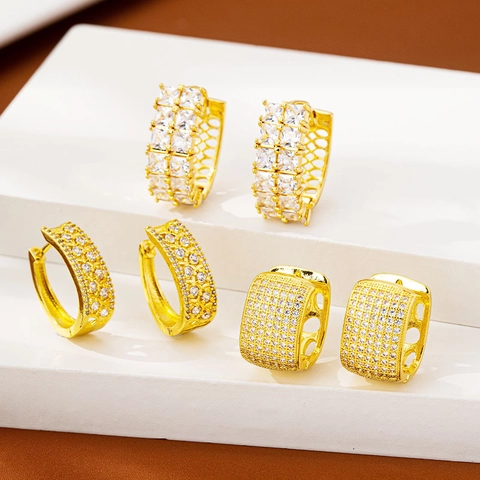 Boucles D'oreilles Créoles Géométriques Cuivre Plaqué Or Zircone Cubique Bijoux De Mode Minimaliste Luxe Pour Femmes