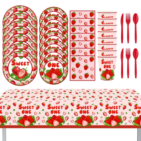 Vaisselle De Fête Thème Fraise Assiettes En Papier Jetables Tasses Serviettes Couverts En Plastique Nappe Sweet One Anniversaire