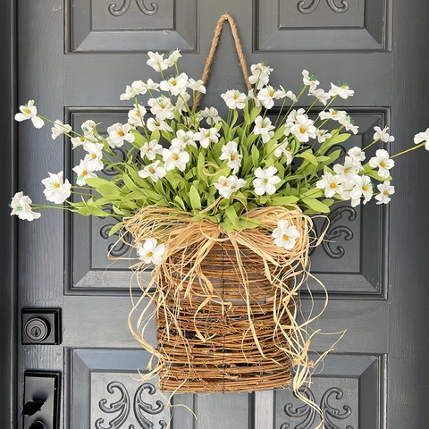 Artificial White Daisy Flower Basket Woven Rattan Hanging Base Raffia Bow Rustic Farmhouse Door Wall Home Decoration
