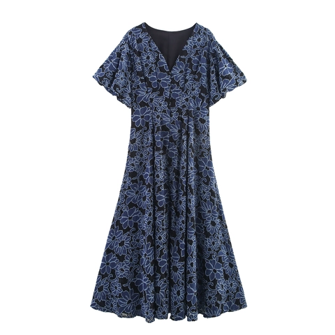 Vestito Maxi Elegante Con Scollo A V Blu Scuro Patchwork Denim Floreale Pizzo Maniche A Sbuffo Vita Alta Linea A Donna