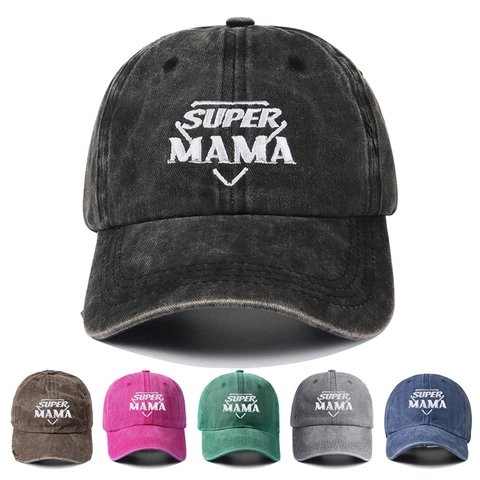 Super Mama Embroidery Washed Cotton Baseball Cap Vintage Distressed Adjustable Curved Brim Casual Sun Hat For Women