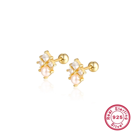 Boucles d'Oreilles Clous en Argent Sterling S925 Losange Zirconia Perle Artificielle Bijoux Géométriques Élégants Femme Cadeau