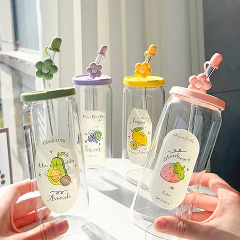 Kawaii Fruit Pattern Borosilicate Glass Tumbler With Silicone Lid And Straw Flower Dust Cap Portable Drinkware