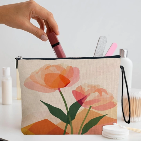 Borsa Per Trucchi Con Stampa Floreale In Lino Fine Pochette Per Cosmetici Con Cerniera E Cinturino Da Polso Organizzatore Da Viaggio