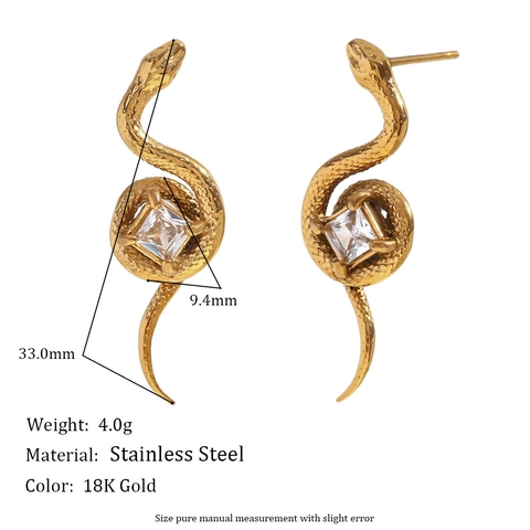 Snake Earrings And Ring Jewelry 18K Gold Plated Stainless Steel Square Round Cubic Zirconia Niche Design For Women