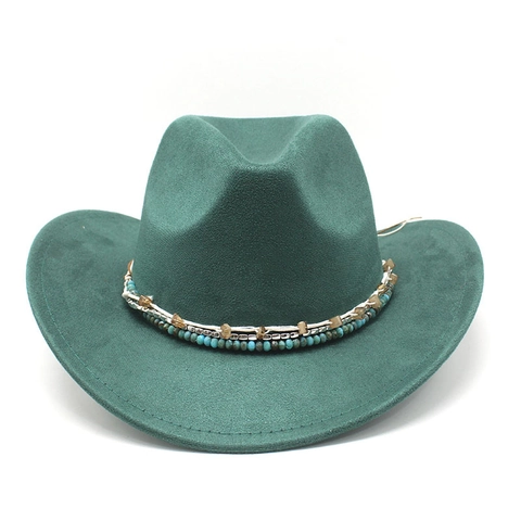 Cappello Da Cowboy Western In Scamosciato Sintetico Tesa Larga Con Fascia Di Perline Etniche Fedora Boho Per Uomo Donna Protezione Solare