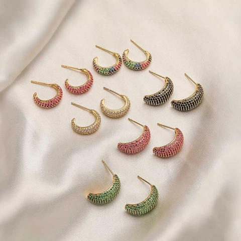 C-Shaped Hoop Stud Earrings Copper With Colorful Cubic Zirconia Pave Inlaid Light Luxury Geometric Moon Jewelry For Women