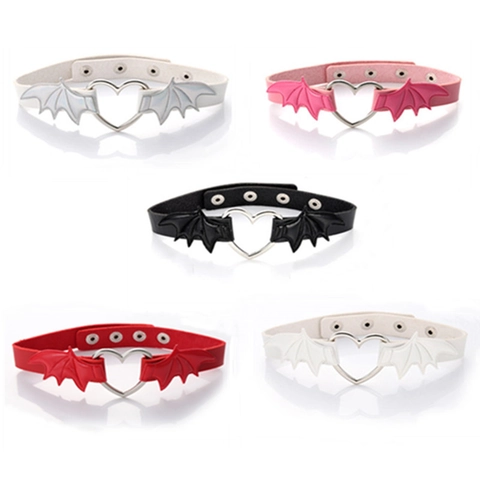 Gothic Punk Choker Necklace PU Leather Alloy Heart Bat Wing Adjustable Halloween Cosplay Party For Women
