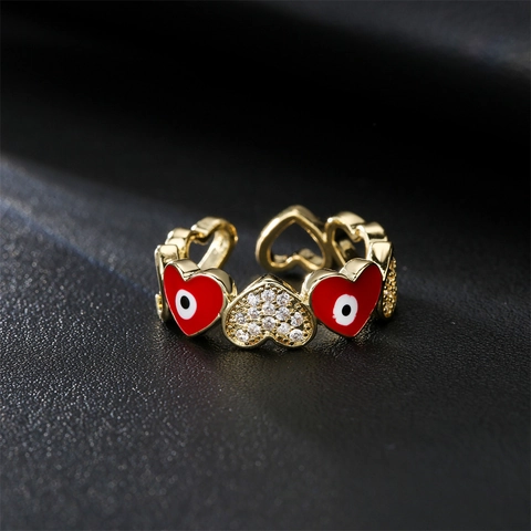 Herzförmiger Böser Blick Offener Verstellbarer Ring Kupfer Vergoldet Mit Zirkon Emaille Modeschmuck Für Damen