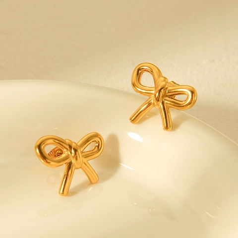 Orecchini A Lobo Con Fiocco In Acciaio Inossidabile Placcato Oro 18K Stile Francese Minimalista Gioielli Impermeabili Ipoallergenici Per Donna