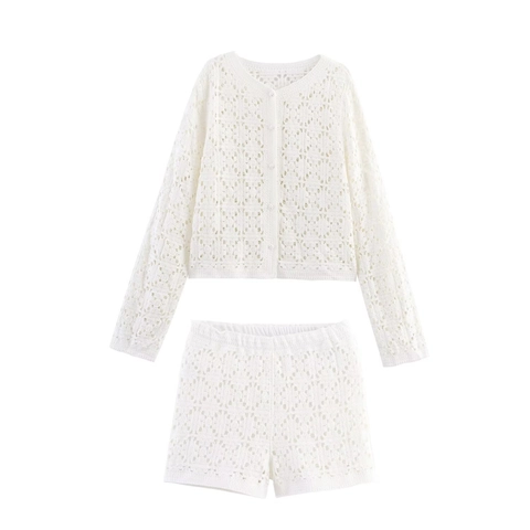 Cardigan À Manches Longues Et Short En Tricot Crochet Pour Femmes Style Bohème Chic Rue Français Vêtements Blancs