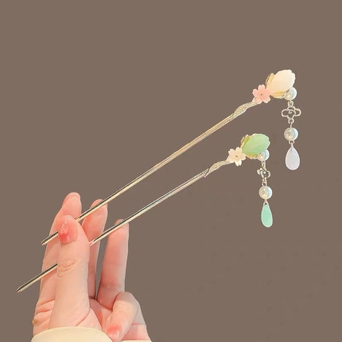 Horquilla Para El Pelo Antigua Capullo De Flor Aleación Estilo Chino Con Imitación Jade Y Borla De Perlas Artificiales Para Mujer