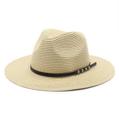 Chapeau De Paille Fedora Style Panama Large Bord Chapeau De Soleil D'été Avec Ceinture À Rivets Pour Hommes Femmes