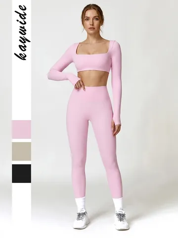 Women Yoga Long Sleeve Crop Top And High Waist Leggings Polyamide Elastane Solid Color Square Neck Gym Workout Outfit