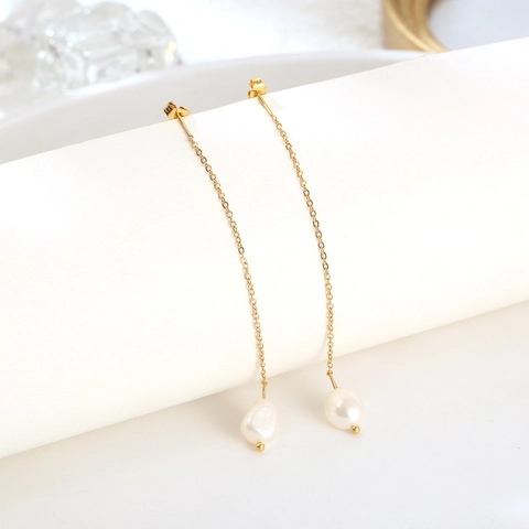 Stainless Steel Tassel Earring Artificial Pearl Drop Long Chain Threader Minimalist Jewelry For Women Fashion Geometric