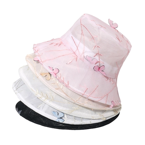 Cappello Alla Pescatora Rete Pizzo Donna Ricamo Farfalla Traspirante Elegante Protezione Solare Estiva Viaggio Romantico