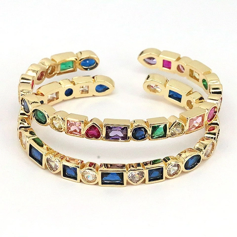 Brazalete Pulsera Cobre Chapado En Oro 18K Circón Colorido Formas Múltiples Abierto Ajustable Joyería Para Mujeres
