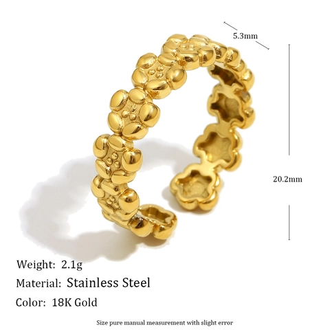 Floral Open Ring Stainless Steel 18K Gold Plated Continuous Flowers Adjustable Finger Jewelry Vintage Style For Women