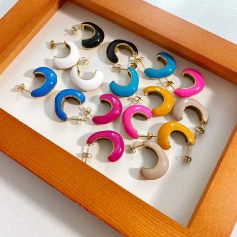 Stainless Steel Hoop Earrings C-Shaped Enamel Colorful Glaze Vacuum Plated Gold Retro Minimalist Chic Jewelry For Women