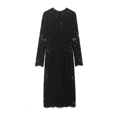 Elegantes Schwarzes Spitzen-Midikleid Langarm Floral Eng Anliegend Abendparty Formeller Stil Für Damen