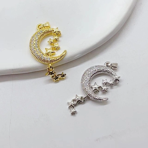 Dijes Colgantes De Estrella Y Luna Micro Pave Zircón Cobre Chapado En Oro Accesorio De Fabricación De Joyas DIY Elegante Estilo INS