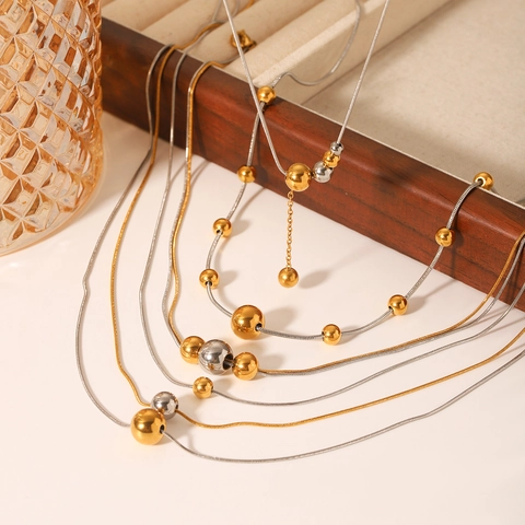 Stainless Steel Pendant Necklace Dual Tone Gold And Silver Snake Bone Chain Minimalist Beads Jewelry For Women