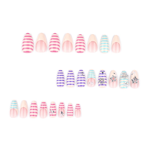 Colorful Stripe Press On Nails With Rhinestone Star And Faux Artificial Pearl Decoration Almond Shape Long Fake Nails For Women