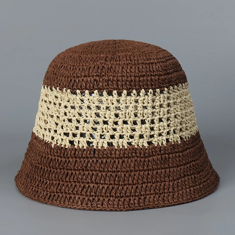 Cappello A Secchiello In Paglia Di Carta Intrecciata A Mano Uncinetto Traforato Protezione Solare Estate Tesa Larga Donna