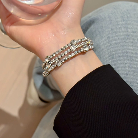 Bracciale Multistrato Con Strass Rame Geometrico Elastico Scintillante Lusso Elegante Gioielli Per Donne