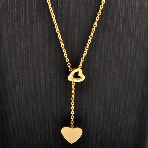 Minimalist Titanium Steel Heart Pendant Necklace For Women Gold Plated Y-shape Double Love Heart Charm Clavicle Chain Jewelry
