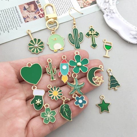 Green Enamel Alloy Charms For Jewelry Making DIY Crafting Heart Star Moon Leaf Floral Gold Plated Pendants Accessories