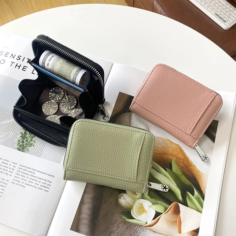Women PU Leather Zipper Wallet Lychee Pattern Accordion Card Holder Large Capacity Small Coin Purse Simple