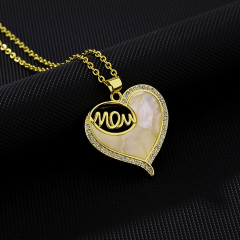 Heart Pendant Necklace Mother Of Artificial Pearl Inlaid Zircon Mom Letter Stainless Steel Chain Elegant Jewelry For Women