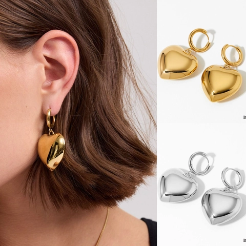 Roestvrijstalen Hart Hoop Drop Oorbellen Voor Dames Hoogglans Gepolijst Minimalistisch Chunky Geometrisch Sieraden