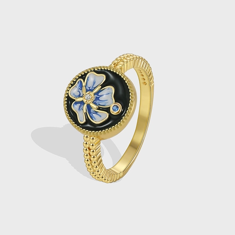 Bague Fleur de Lotus Vintage pour Femme Plaquée Or Cuivre Émail Strass Anneau Rétro Luxe Léger Bijoux de Doigt