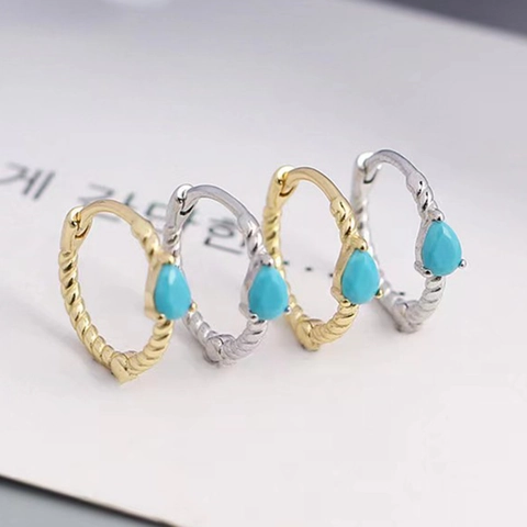 Pendientes Huggie Hoop De Plata De Ley 925 Circonita Turquesa Talla Pera Cuerda Torcida Joyas Para Mujer