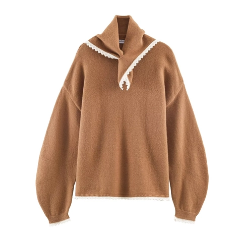 Dames Gebreide Trui Lange Mouwen Kant Trim V Hals Elegant Camel Acryl Polyester Katoen Vintage Casual